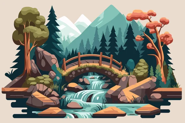 橋や川と自然景観 漫画風のベクトルイラスト 小さな滝と丸太橋のある川 — ストックベクタ