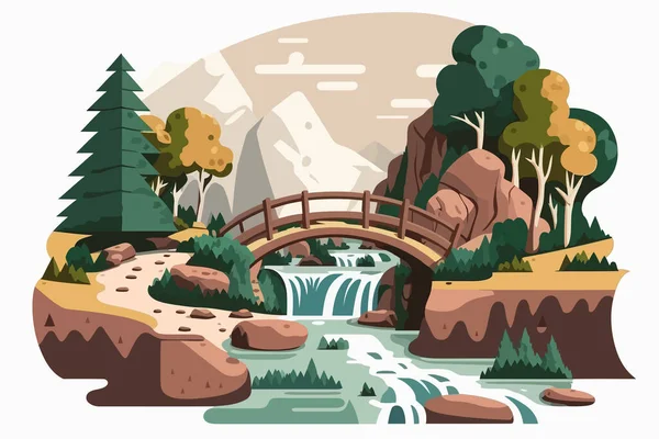 Landscape with waterfall and bridge. Vector illustration in flat style. A river with a small waterfall and a log bridge
