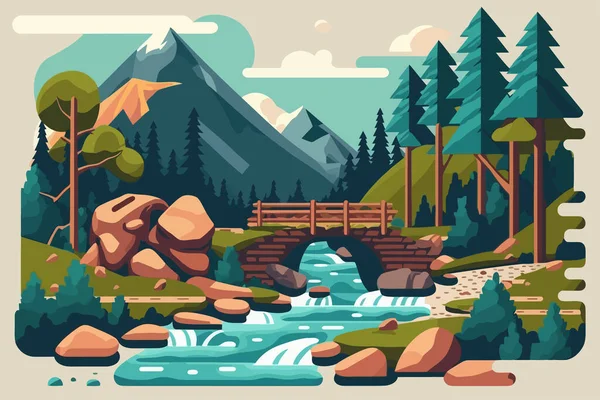 Paysage Montagneux Avec Rivière Pont Bois Illustration Vectorielle Style Plat — Image vectorielle