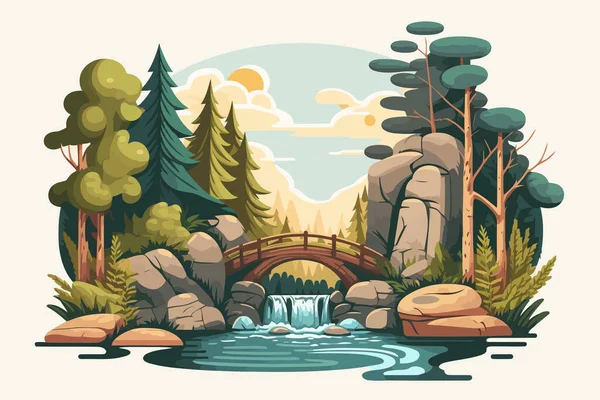 Vector illustration of a forest landscape with a waterfall and a bridge. A river with a small waterfall and a log bridge