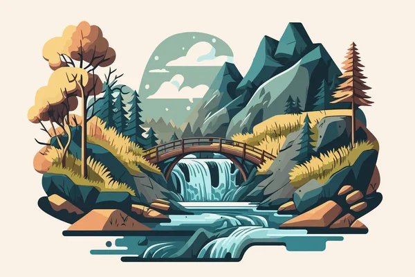 川や橋と山の風景 フラットスタイルベクトルイラスト 小さな滝と丸太橋のある川 — ストックベクタ