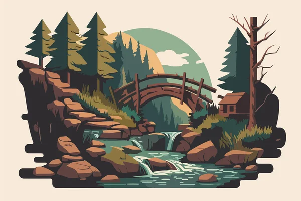 森の中の川の上に石の橋 フラットスタイルのベクトルイラスト 小さな滝と丸太橋のある川 — ストックベクタ