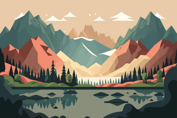 Mountain landscape with lake and forest. Vector illustration in flat style. A mountain range with a lake in the valley