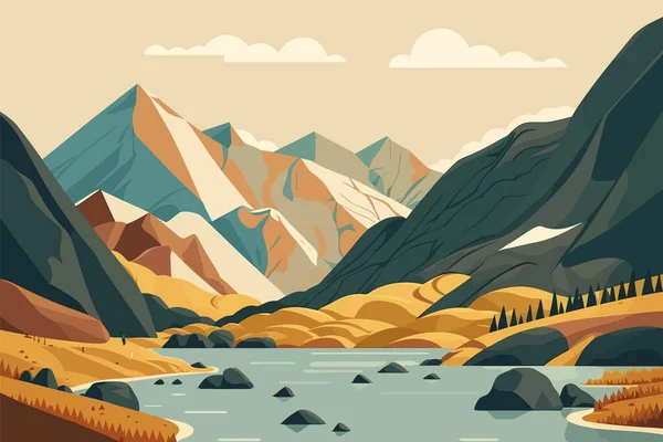 Landscape with mountains and river. Vector illustration in flat style. A mountain range with a lake in the valley