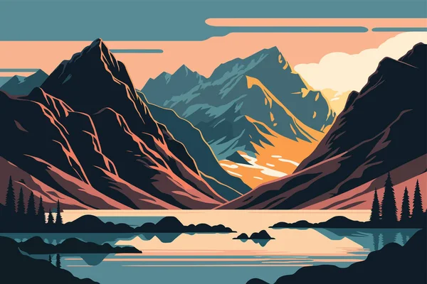 Montagnes Lac Illustration Vectorielle Style Plat Paysage Naturel Une Chaîne — Image vectorielle