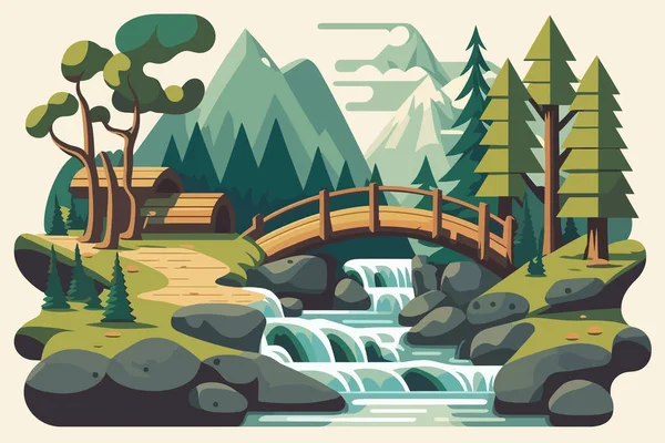 木製の橋や滝と山の風景 フラットスタイルのベクトルイラスト 小さな滝と丸太橋のある川 — ストックベクタ