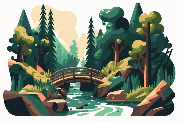 Nature landscape with bridge and river. Vector illustration in cartoon style. A river with a small waterfall and a log bridge