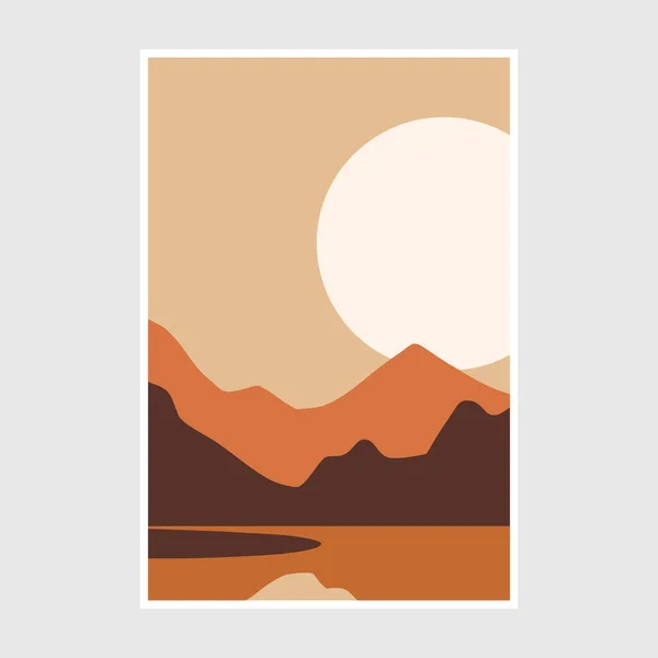 Vektorillustration Wüste Sonnenuntergang Und Berglandschaft Flachen Designstil Wandkunstdruck — Stockvektor