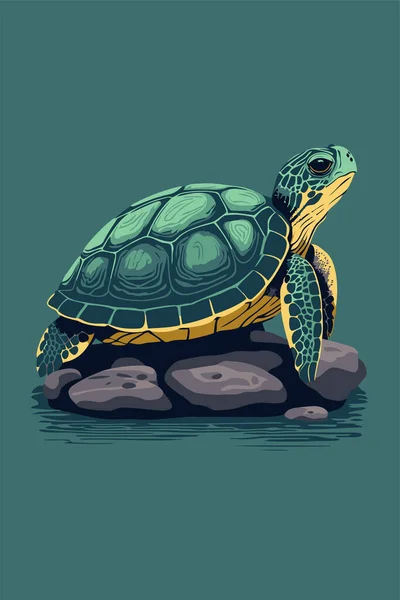 Sköldpadda Sten Vattnet Vektor Illustration Tecknad Stil Platt Vektor Tecknad — Stock vektor