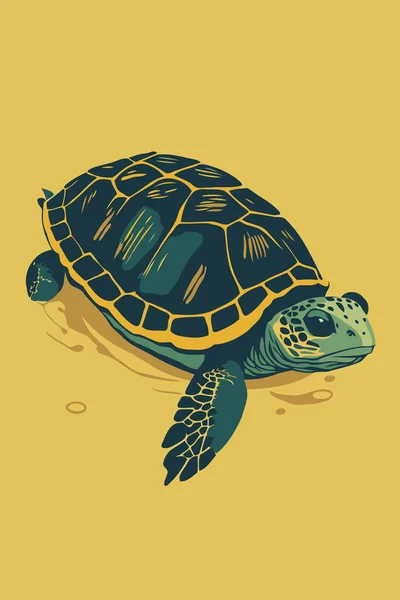 龟在黄色的背景上 矢量插画在复古风格 平面矢量卡通风格 — 图库矢量图片