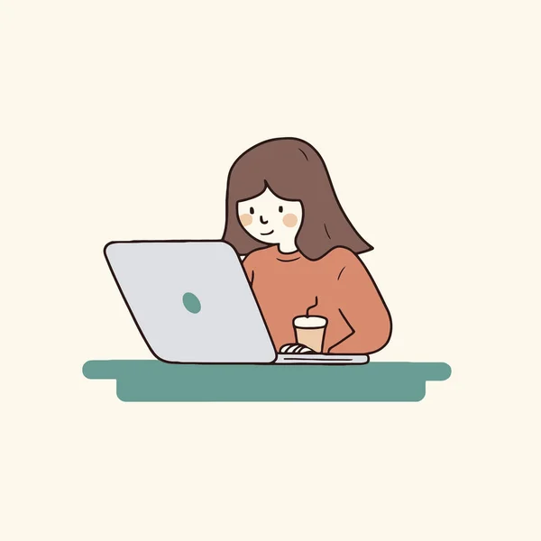 一个带着笔记本电脑和一杯咖啡的女人的矢量图解 平面矢量卡通风格 — 图库矢量图片