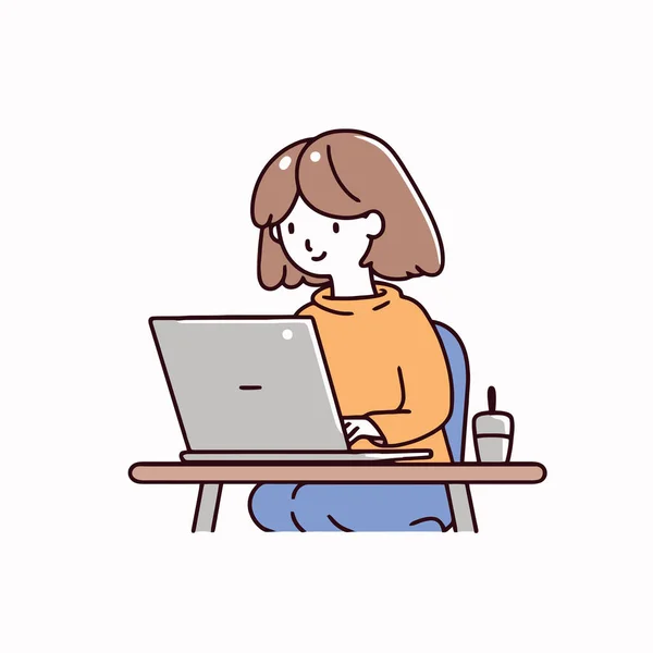 在家里的笔记本电脑上工作的年轻女人 用卡通风格的矢量图解 平面矢量卡通风格 — 图库矢量图片