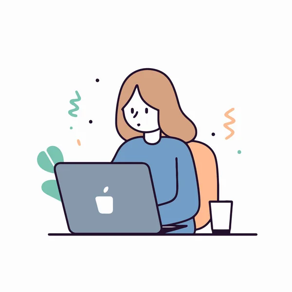 フリーランスの女性がノートパソコンで働いている フラットラインベクトルイラスト フラットベクトル漫画スタイル — ストックベクタ