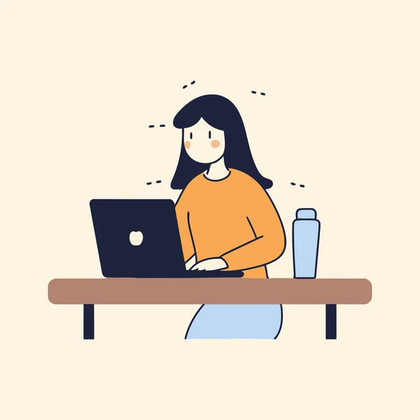 若い女性がコンピューターで働いている フラットスタイルのベクトルイラスト フラットベクトル漫画スタイル — ストックベクタ