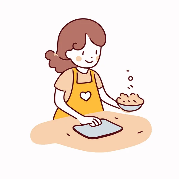 女孩在厨房烘焙饼干 矢量插图的涂鸦风格 平面矢量卡通风格 — 图库矢量图片