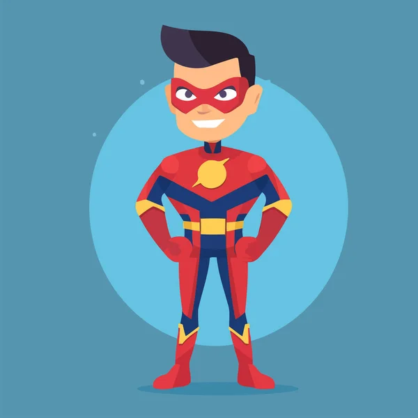 スーパーヒーロー 青色の背景にフラットスタイルのベクトルイラスト 子供のマスコット — ストックベクタ