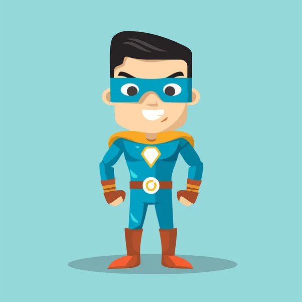 スーパーヒーロー漫画のキャラクター 青色の背景にフラットスタイルのベクトルイラスト 子供のマスコット — ストックベクタ