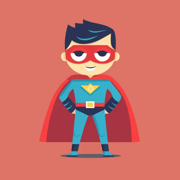 スーパーヒーローのキャラクター 赤の背景にフラットスタイルのベクトルイラスト 子供のマスコット — ストックベクタ