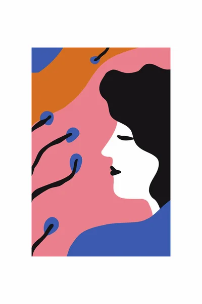 カラースポットを背景にしたプロファイルの美しい女性のベクトル抽象的な肖像画 ウォールアート Print Matisse Style — ストックベクタ