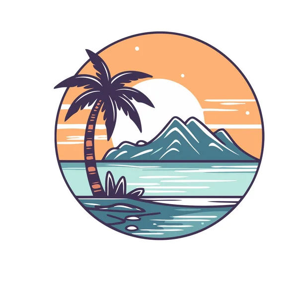 Pláž Palmami Horami Vektorová Ilustrace Plochém Stylu Šablona Návrhu Loga — Stockový vektor