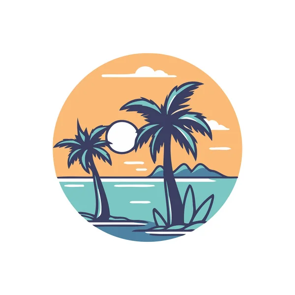 海滨的棕榈树 向量图以平板格式显示 标志设计模板 — 图库矢量图片