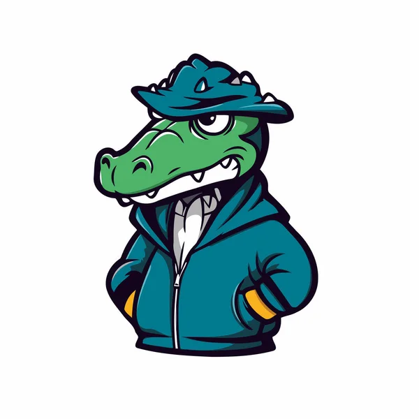 头戴帽子穿着蓝色夹克的鳄鱼的矢量图解 标志设计模板 — 图库矢量图片