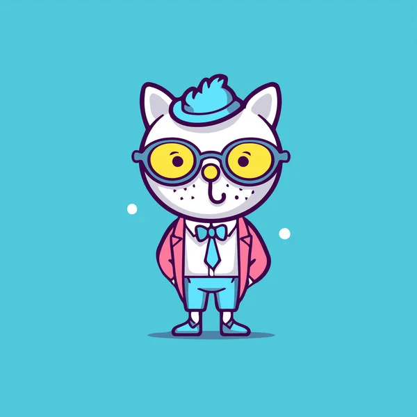 Zabawny Kreskówkowy Kot Okularach Muszce Ilustracja Wektora Logo Maskotki Kotów — Wektor stockowy