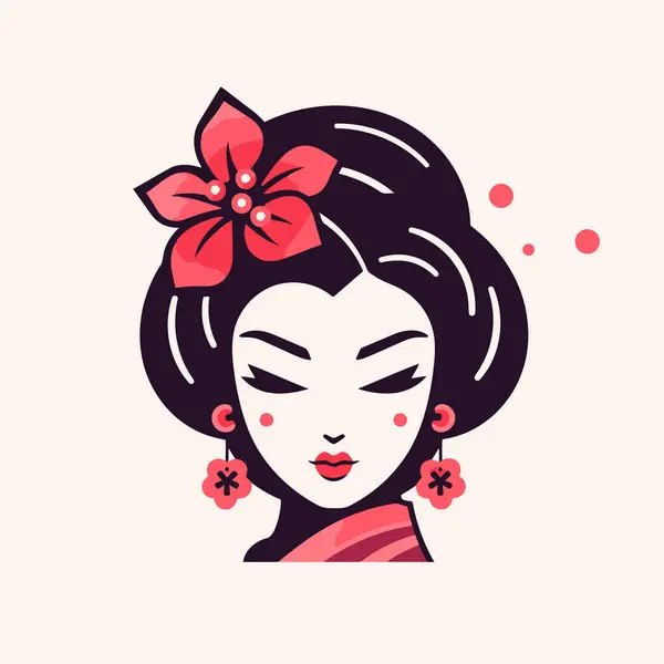 Menina Moda Japonesa Asiática Com Flores Vermelhas Seu Cabelo Ilustração — Vetor de Stock