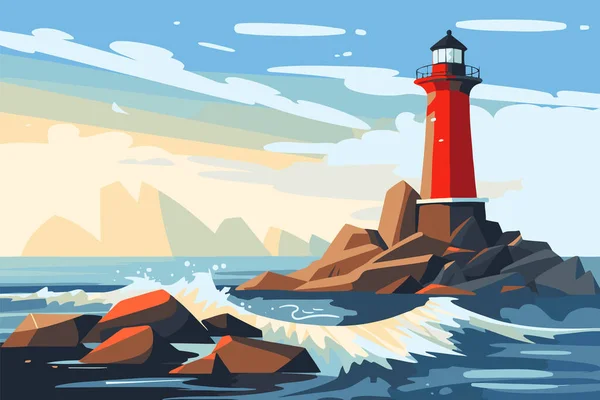 Kayalık Bir Sahildeki Deniz Feneri Düz Bir Şekilde Vektör Illüstrasyonu — Stok Vektör