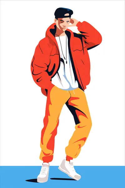 ヒップホップダンサー 赤いジャケットと白いスニーカーの若者のベクトルイラスト フラットベクタースタイル — ストックベクタ