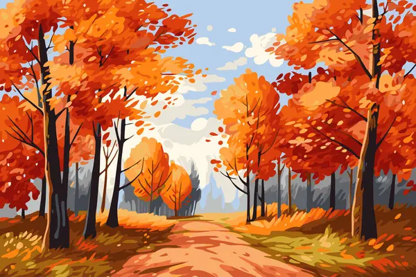 秋天的森林景观 有道路和五彩斑斓的树木 矢量说明 — 图库矢量图片