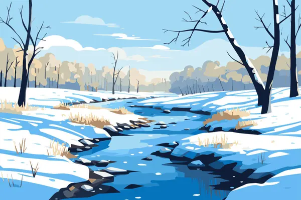Paesaggio Invernale Con Fiume Ghiacciato Alberi Spogli Illustrazione Vettoriale Sfondo — Vettoriale Stock