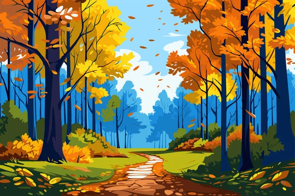 Осенний Пейзаж Дорогой Деревьями Векторная Иллюстрация Стиле Мультфильма Плоский Вектор — стоковый вектор