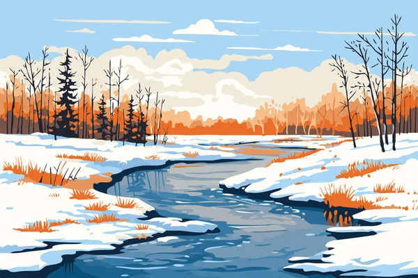 Zimowy Krajobraz Rzeką Lasem Ilustracja Wektora Płaskim Stylu Grafika Wektorowa — Wektor stockowy
