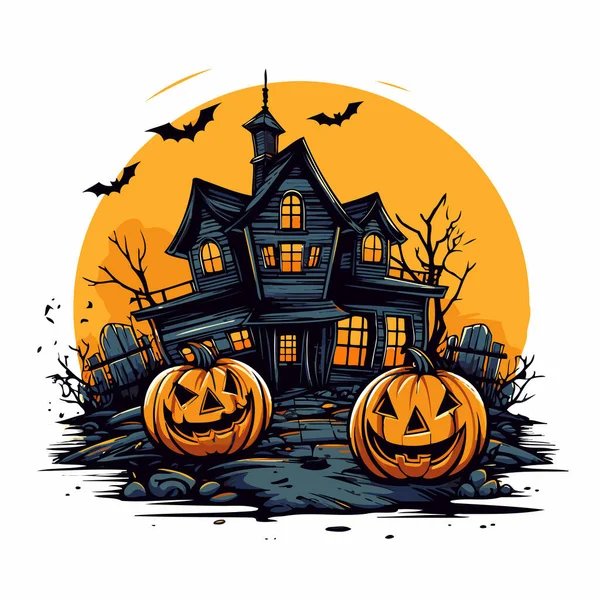 Halloween Hintergrund Mit Kürbissen Und Geisterhaus Vektorillustration Handgezeichnete Vektorillustration — Stockvektor