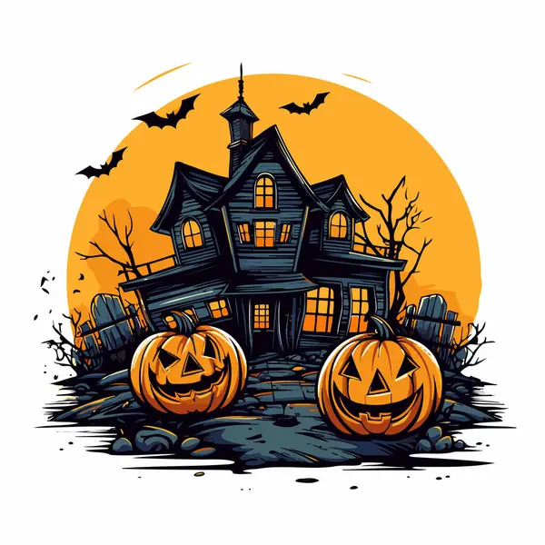 Halloween Background Pumpkins Haunted House Vector Illustration Hand Drawn Vector — Stock Vector