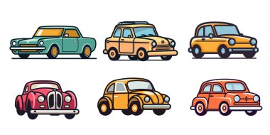 Bir dizi eski araba ikonu. Düz tasarım tarzında vektör illüstrasyonu. Logo Simgesi Şablon Tasarımı