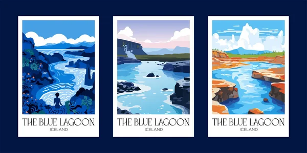 Zestaw Czterech Plakatów Wektorowych Błękitnej Laguny Islandia Góry Błękitne Niebo Wektor Stockowy
