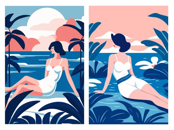 Векторна Літня Ілюстрація Двох Красивих Жінок Купальниках Сидять Пляжі Векторна Графіка
