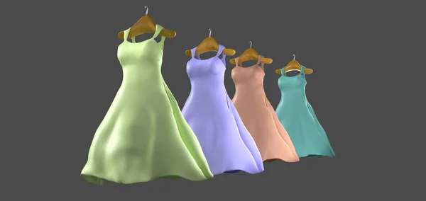 Εικονογράφηση Των Φορέματα Στις Ξύλινες Κρεμάστρες Για Ρούχα Απομονώνονται Γκρι Royalty Free Φωτογραφίες Αρχείου