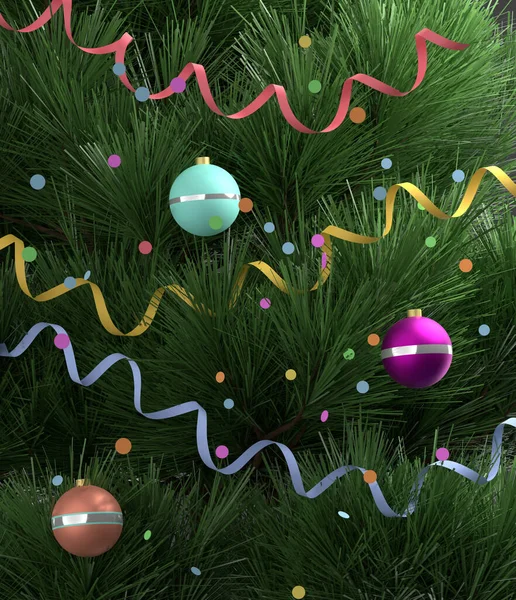 Ilustração Árvore Natal Com Atributos Festivos Confete Serpentina Bolas — Fotografia de Stock