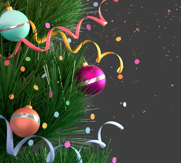 お祝いの属性を持つクリスマスツリーの3Dイラスト紙吹雪 蛇紋岩 ボール コピースペース 灰色の背景に隔離された ロイヤリティフリーのストック画像