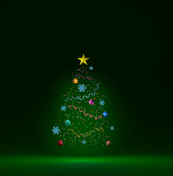 3Dイラスト黒い背景に隔離されたクリスマスツリーの形のクリスマス属性は トップライト コピースペースの1つのポイントと緑のカバーフロアにあります ストック写真