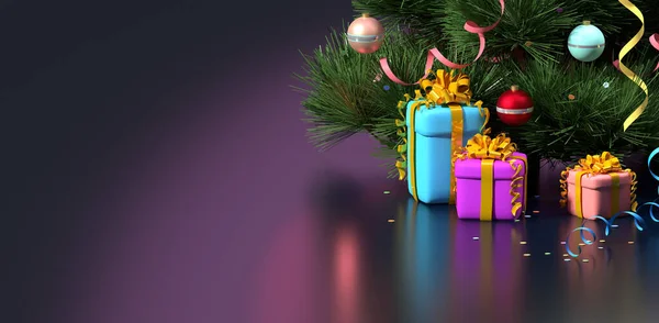 Illustration Von Weihnachtsgrußkarte Mit Geschenkschachteln Kugeln Serpentinen Konfetti Weihnachtsbaum Farbhintergrund Stockbild
