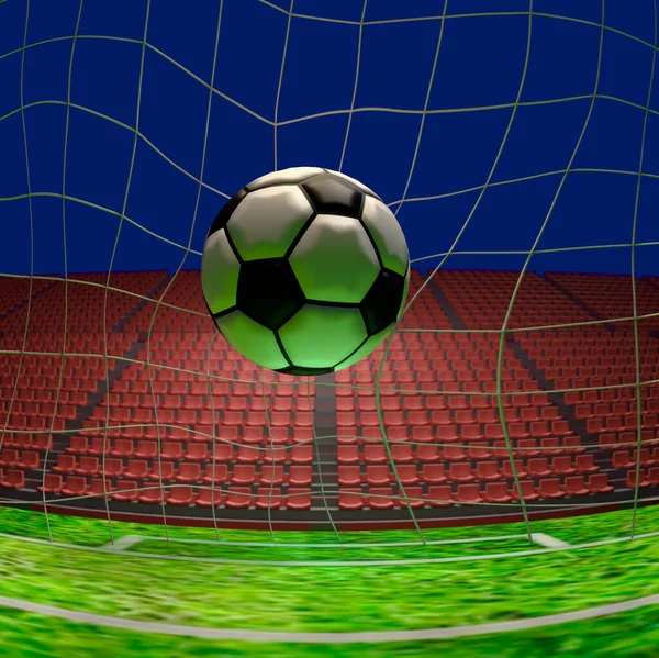 3D illustration of soccer scene, soccer ball in front of net on background with soccer field and stadium