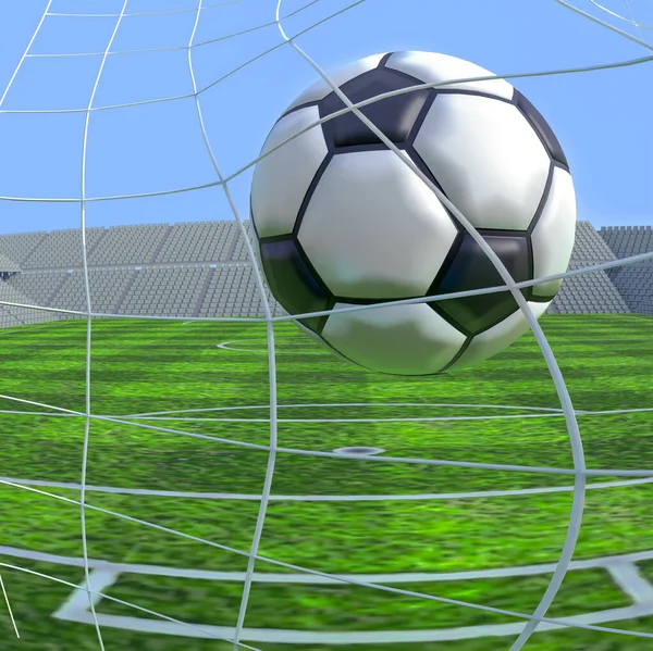 サッカーシーンの3Dイラスト サッカー場やスタジアムを背景にネット前のサッカーボール ストックフォト