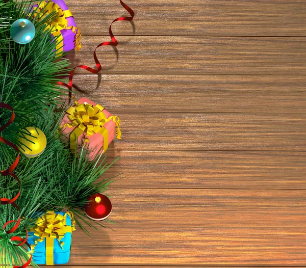 グリーティングカードの3Dイラストクリスマスツリー ギフト コンフェッティ サーペンタイン 木製の床 フラットトップビュー コピースペース ロイヤリティフリーのストック写真