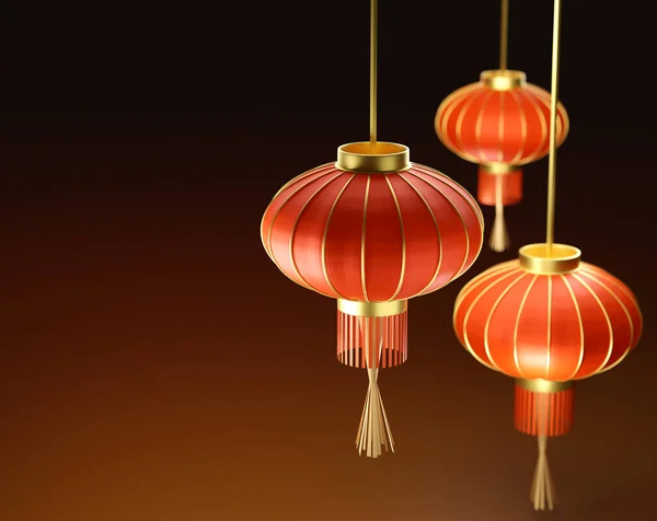 3D illustration of three Chinese lanterns on gradient background, isolated, cope-space