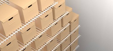 3D illustration of Cardboard boxes in warehouse on racks on gray background, top side view, copy-space