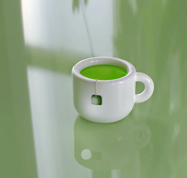 Illustration Einer Weißen Keramiktasse Mit Grünem Teebeutel Darin Isoliert Auf — Stockfoto
